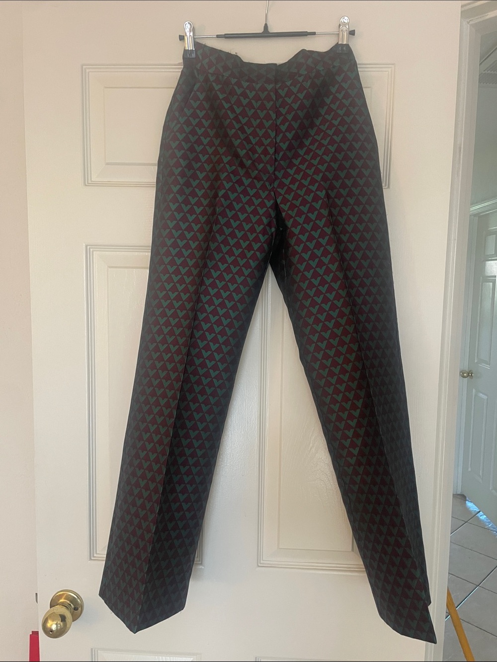 H&M Dark Green and Black Geometric Straight-Leg Trousers